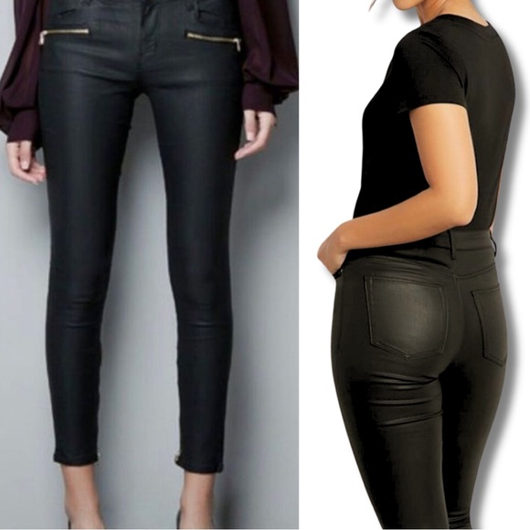 Zara Black Vegan Leather Moto Jeans - Picture 1 of 11